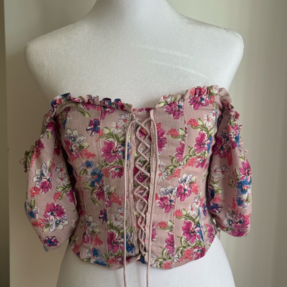 Astr Pink Floral Off-Shoulder Lace-Up Blouse